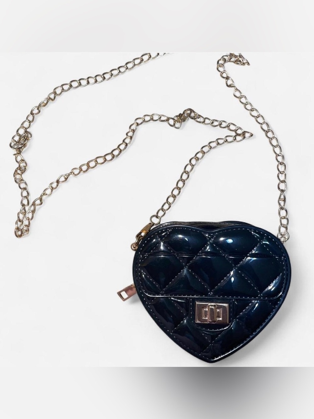 Quilted Heart Crossbody Bag in Black with Gold Chain